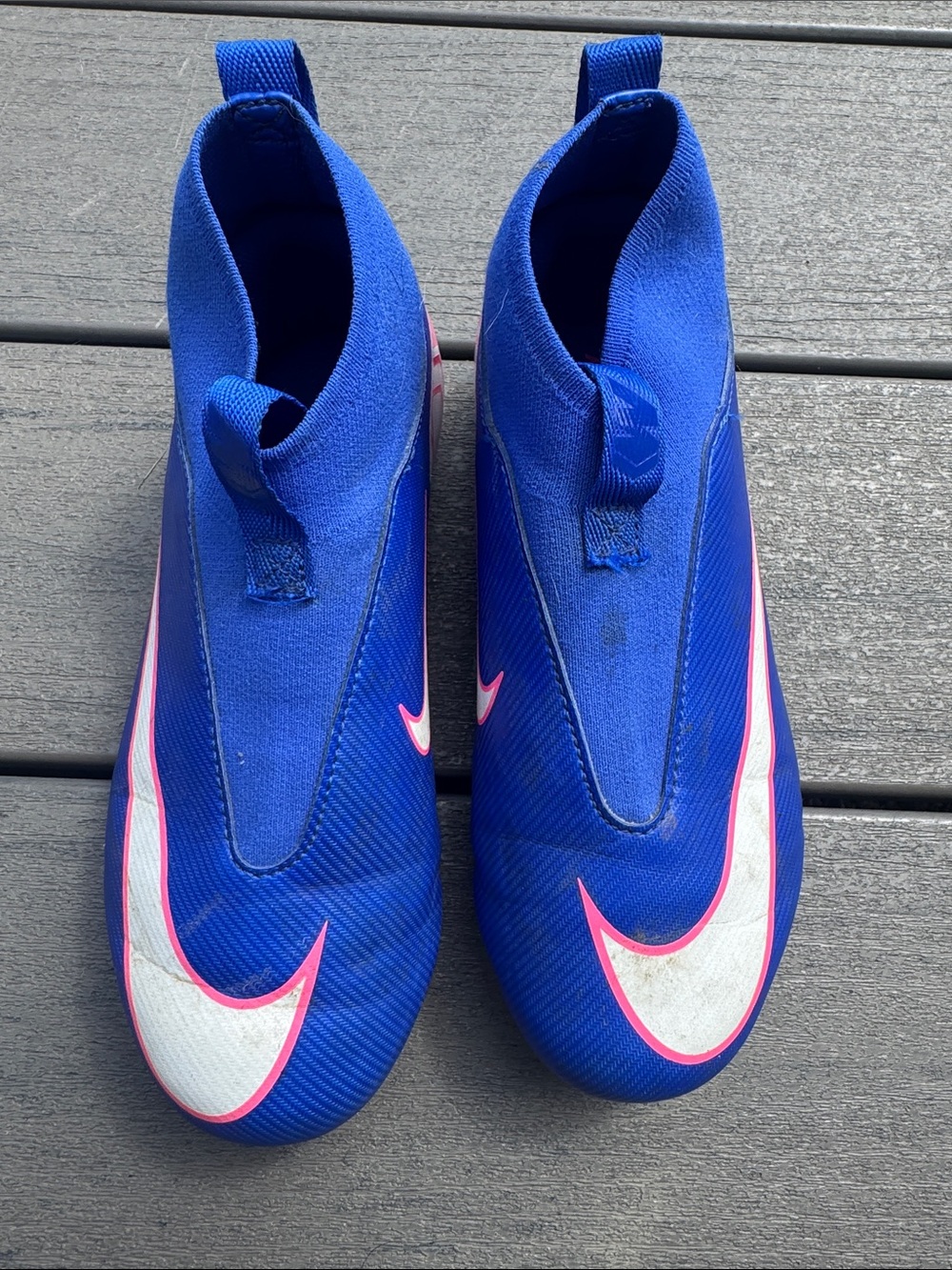 Nike Kids Blue Soccer Sneakers with White & Pink Swooshes